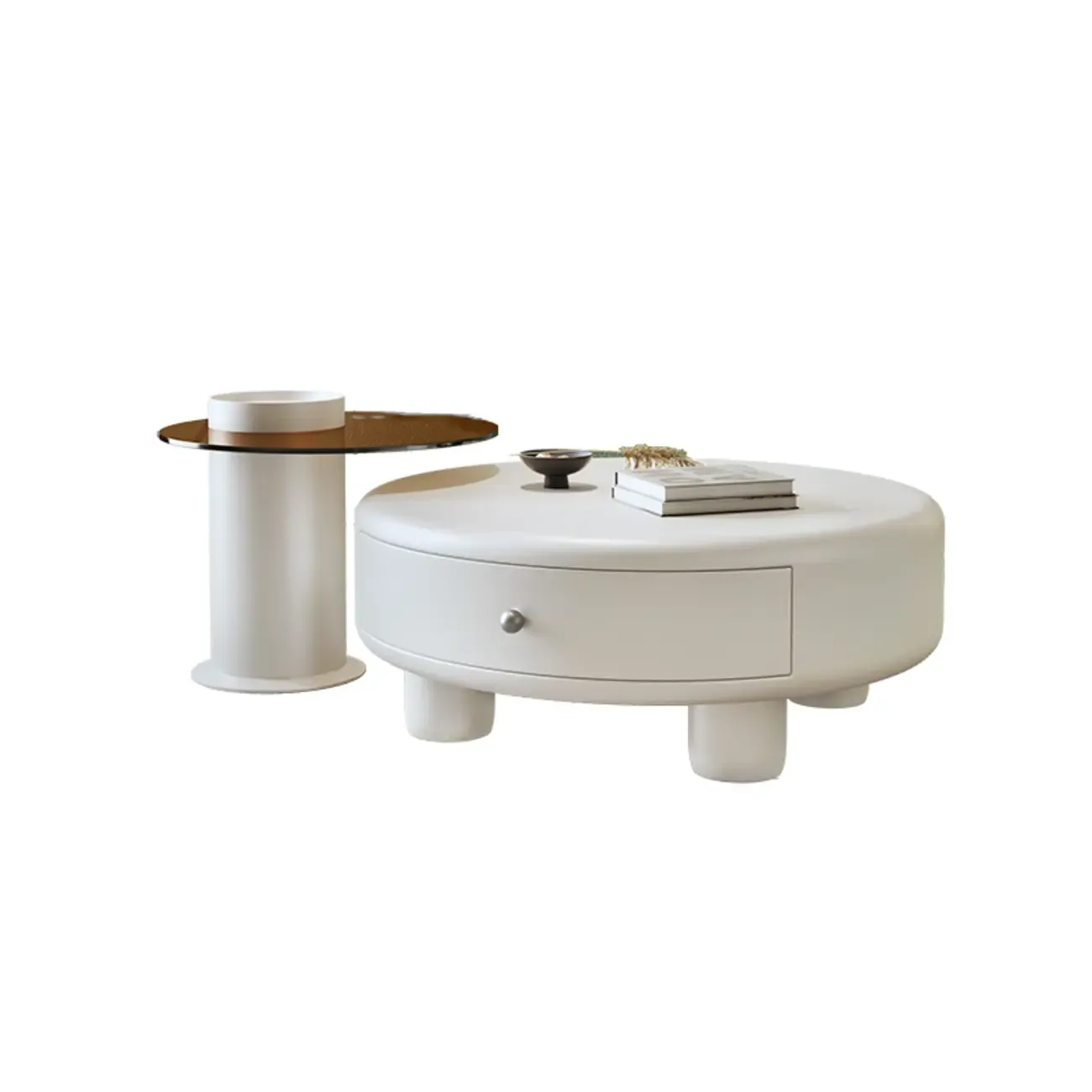 Cream Round Elegant Drawers Round Wood Coffee Table Image - 6