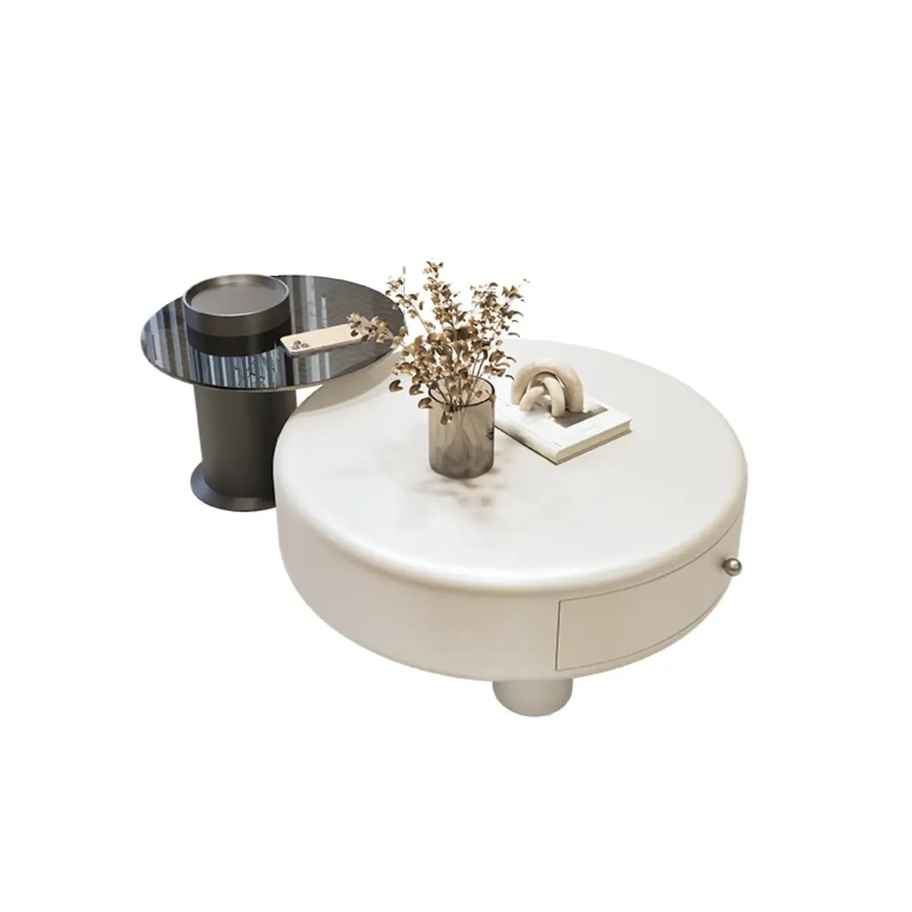 Cream Round Elegant Drawers Round Wood Coffee Table Image - 7