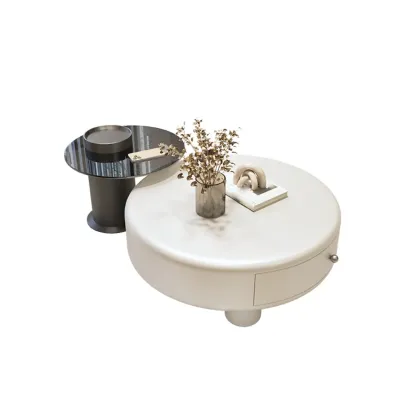 Cream Round Elegant Drawers Round Wood Coffee Table Image - 7