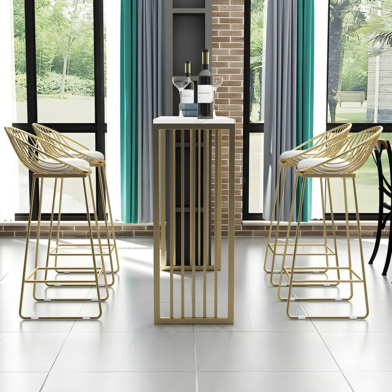 Glam White Faux Marble Gold Rail Metal Base Bar Tables Image - 4 | homeyfad