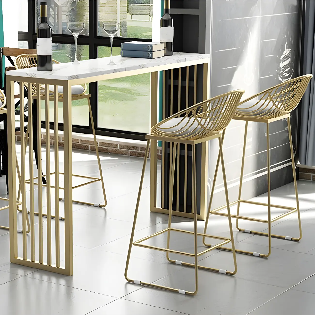 Glam White Faux Marble Gold Rail Metal Base Bar Tables Image - 5 | homeyfad