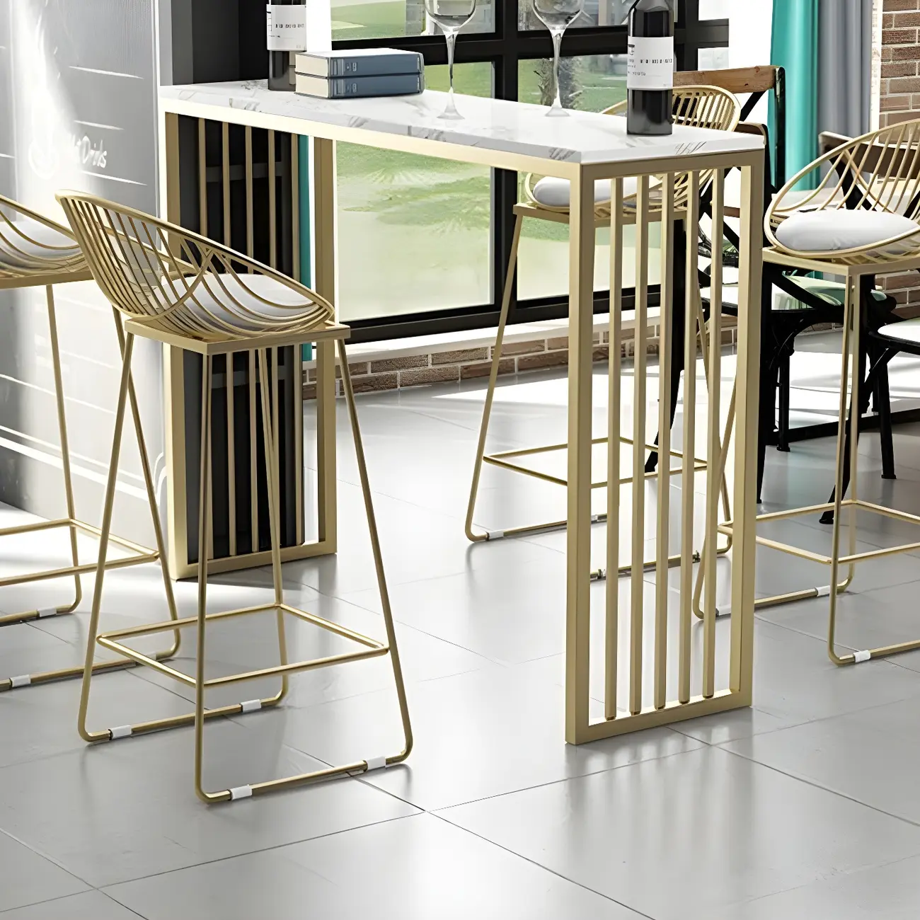 Glam White Faux Marble Gold Rail Metal Base Bar Tables Image - 6 | homeyfad