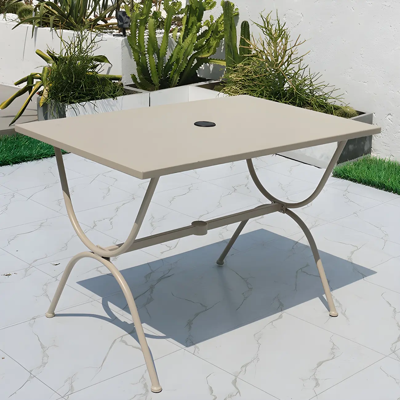 Modern Grey Iron Trestle Outdoor Dining Table Image - 1 | homeyfad