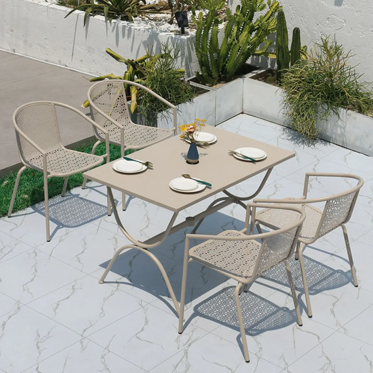 Modern Grey Iron Trestle Outdoor Dining Table Image - 2 | homeyfad