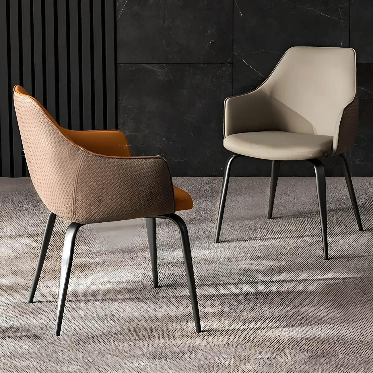 Contemporary Armrest Faux Leather Solid Back Dining Chair Image - 2