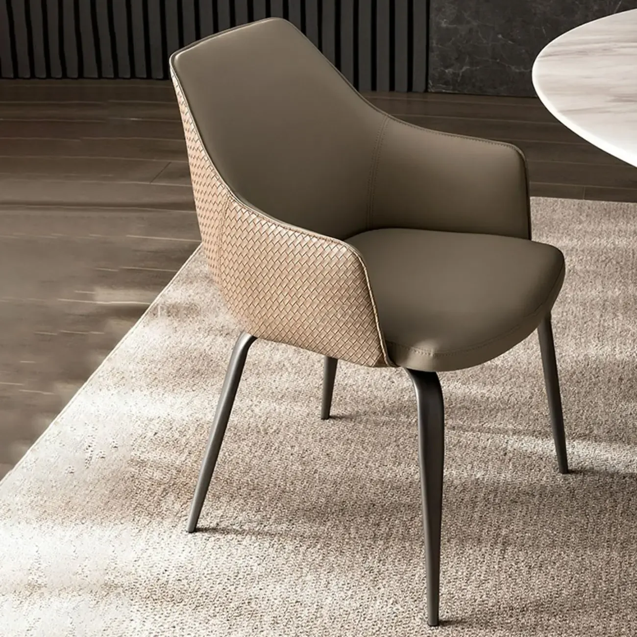 Contemporary Armrest Faux Leather Solid Back Dining Chair Image - 1