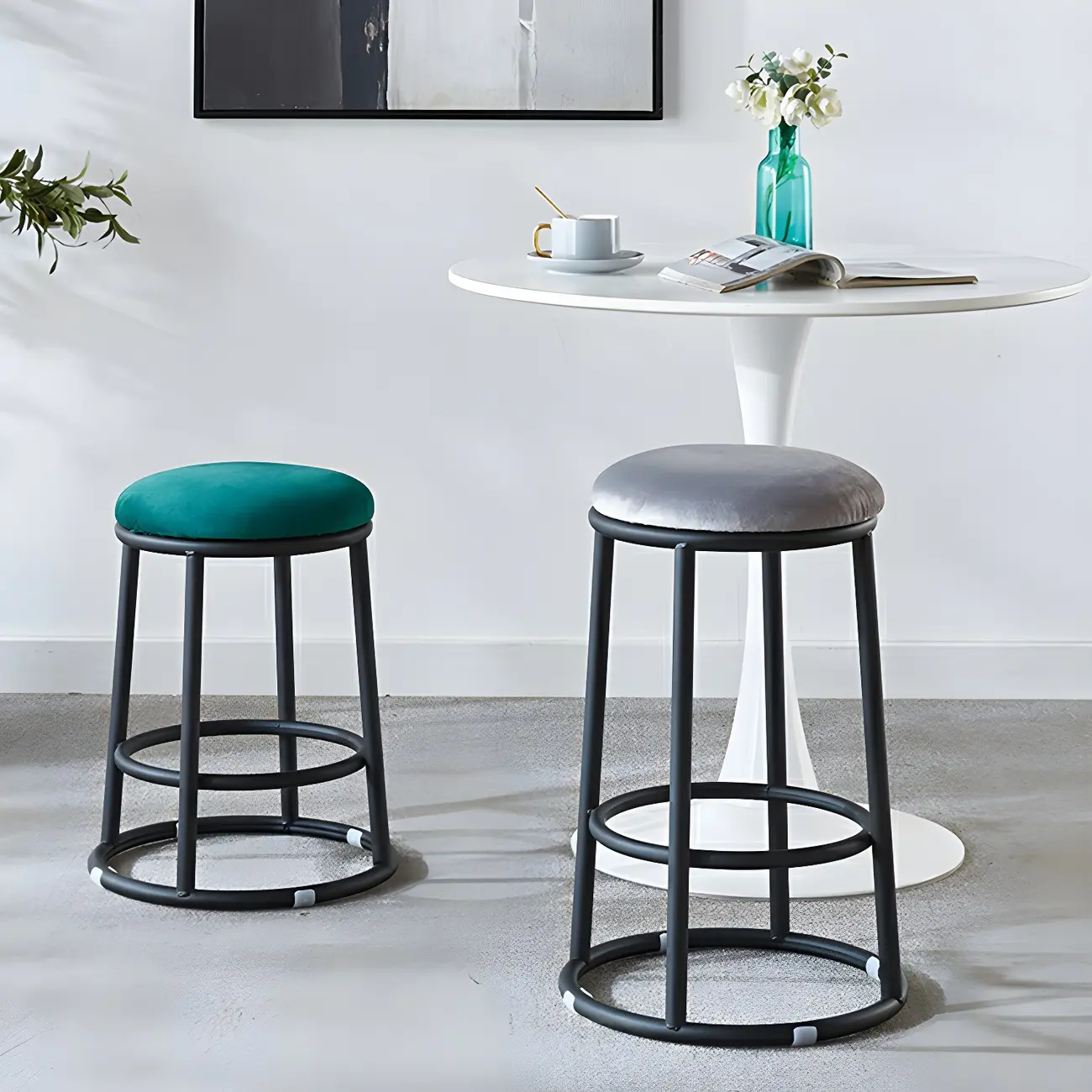 Round Faux Leather Counter Bar Stools with Metal Base Image - 1 | homeyfad