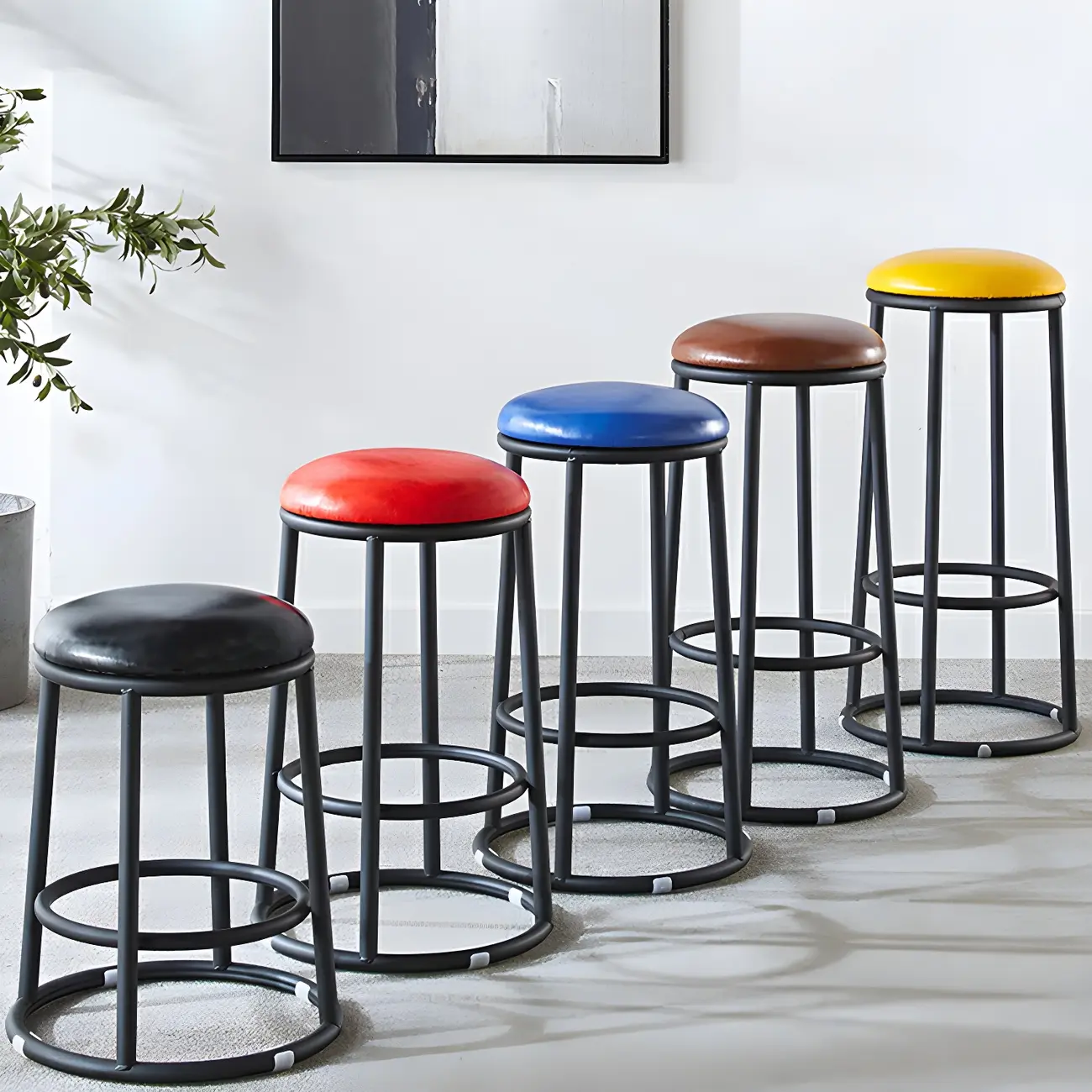 Round Faux Leather Counter Bar Stools with Metal Base Image - 3 | homeyfad