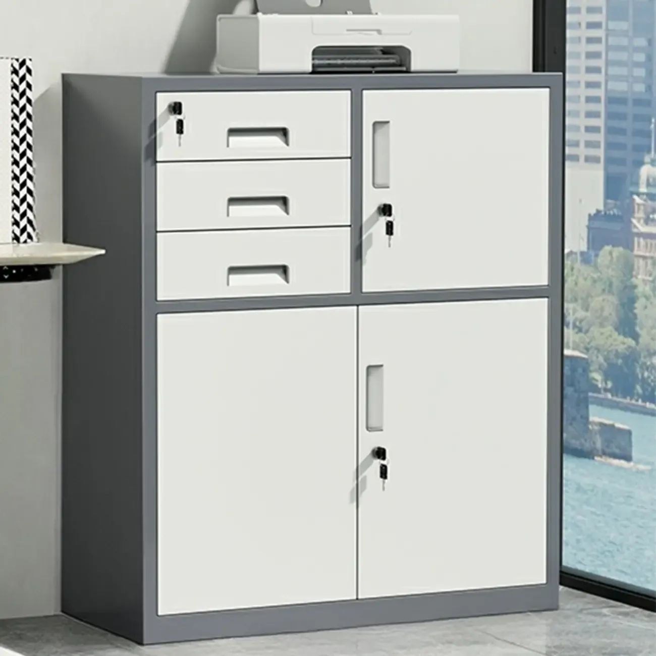 Durable White Metal Filing Cabinet with Lock for Office Use Image - 5
