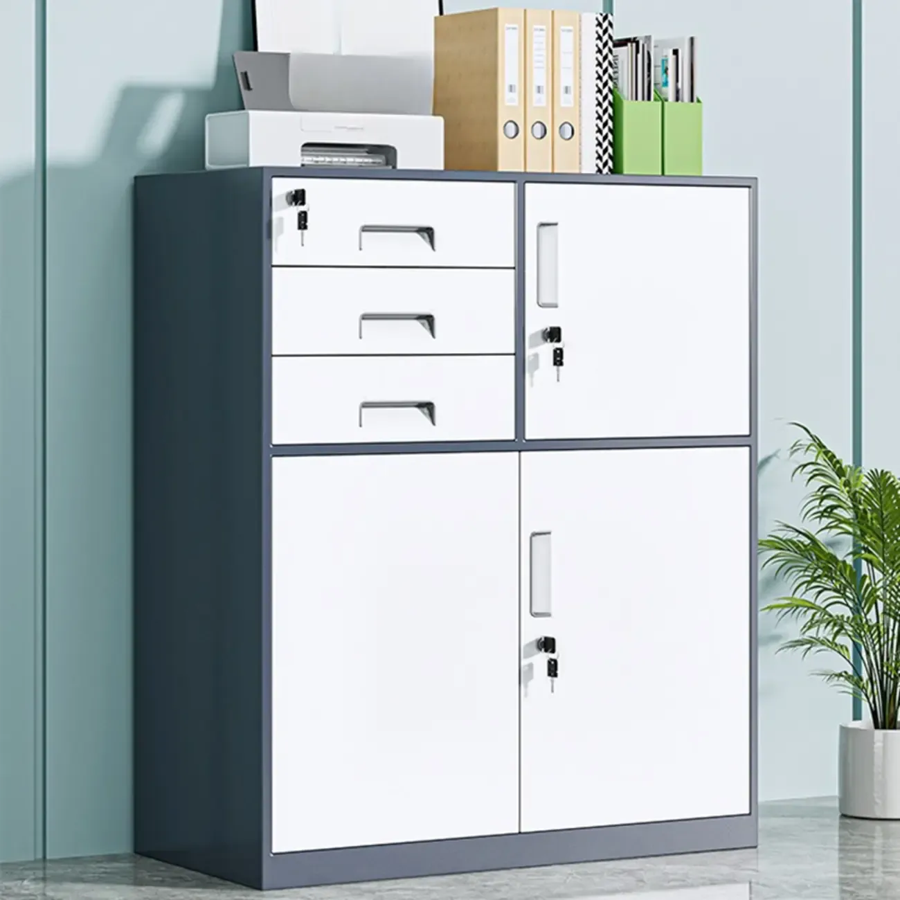 Durable White Metal Filing Cabinet with Lock for Office Use Image - 7
