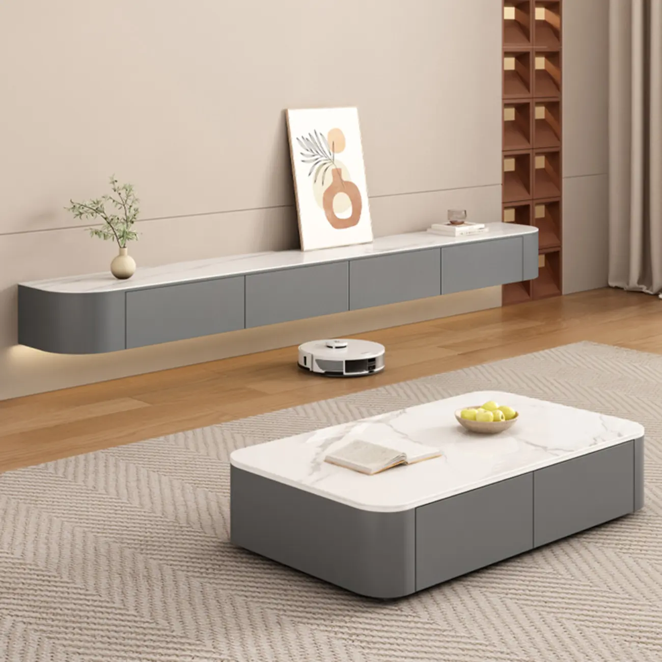 Contemporary Stone Floating TV Stand with Cabinet for Home Image - 1 | homeyfad