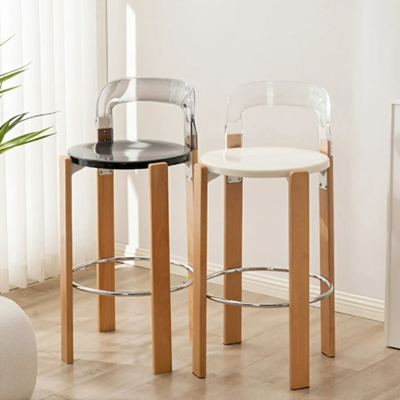 Functional Acrylic Seat Wood Base Bar Stools with Back Image - 1 | homeyfad