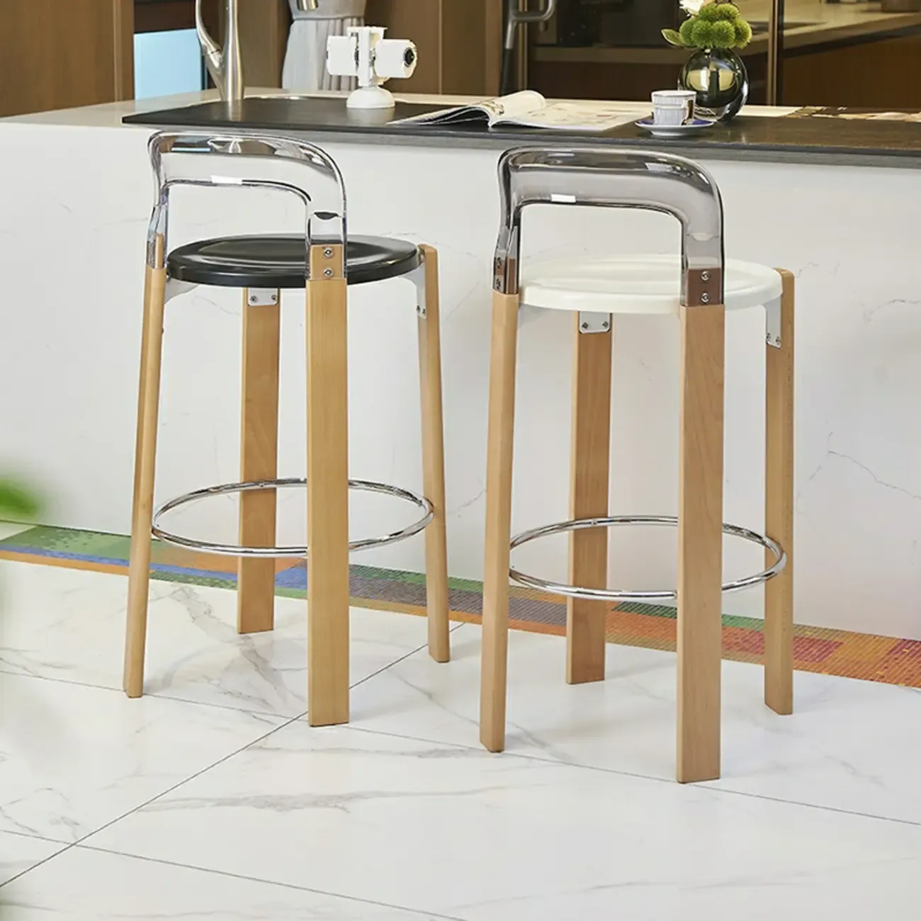 Functional Acrylic Seat Wood Base Bar Stools with Back Image - 2