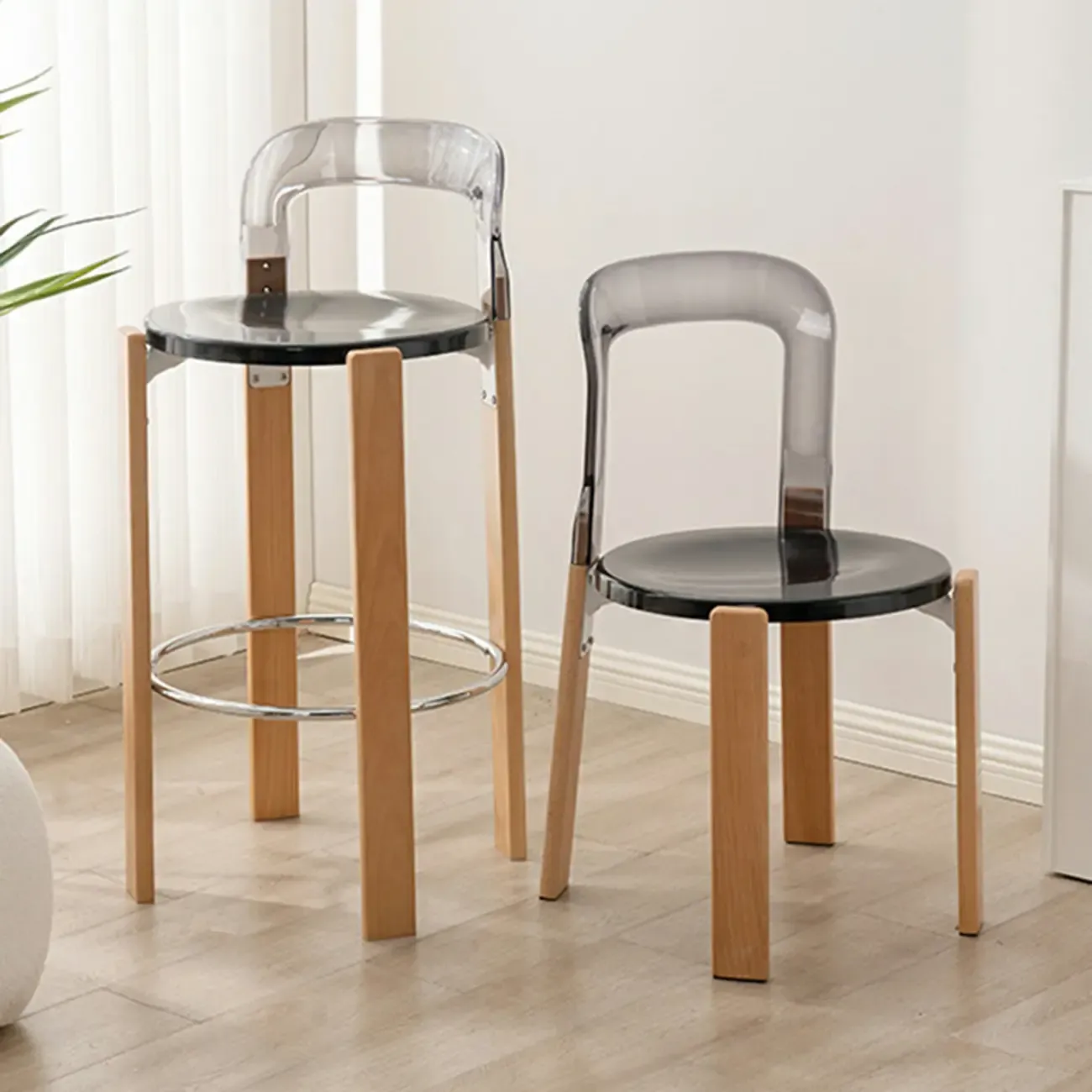 Functional Acrylic Seat Wood Base Bar Stools with Back Image - 3