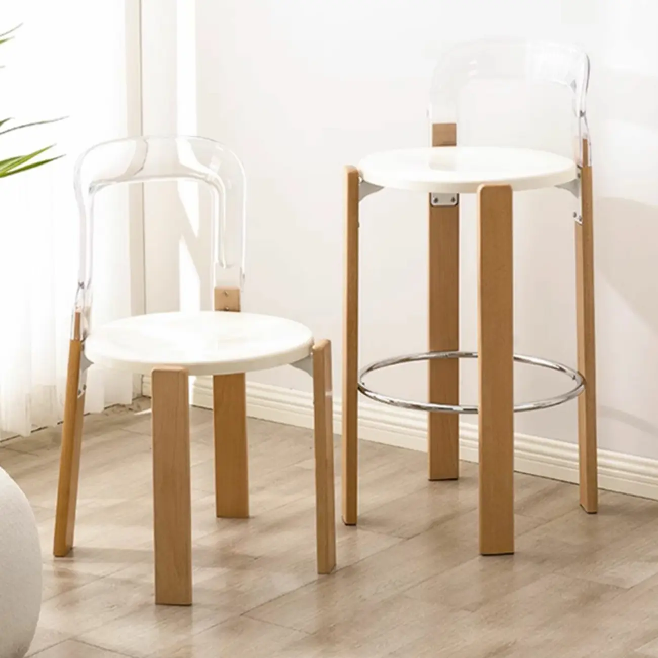 Functional Acrylic Seat Wood Base Bar Stools with Back Image - 4 | homeyfad