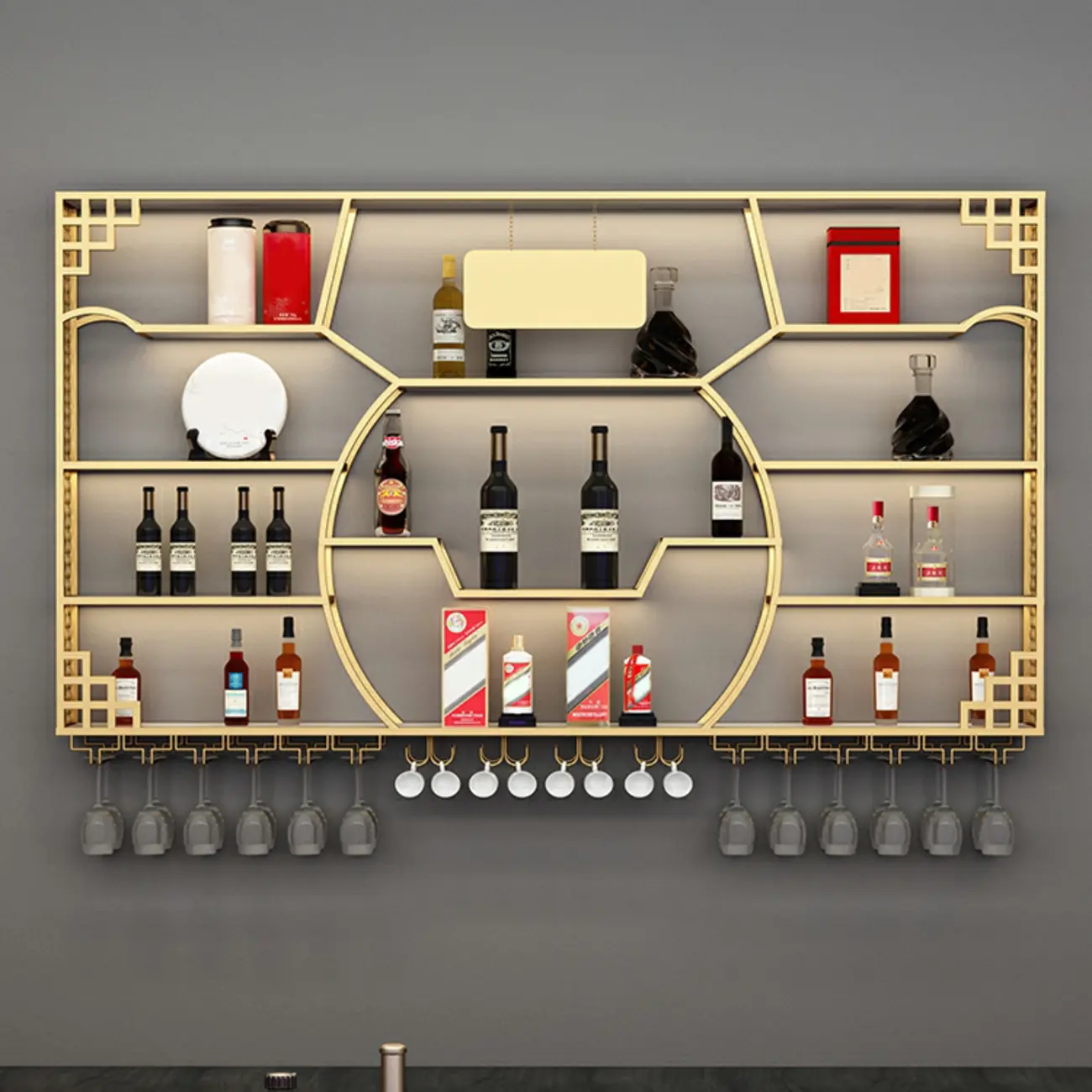 Multi-Shelf Gold Metal Wall-Mounted Wine & Glass Rack Image - 1 | homeyfad