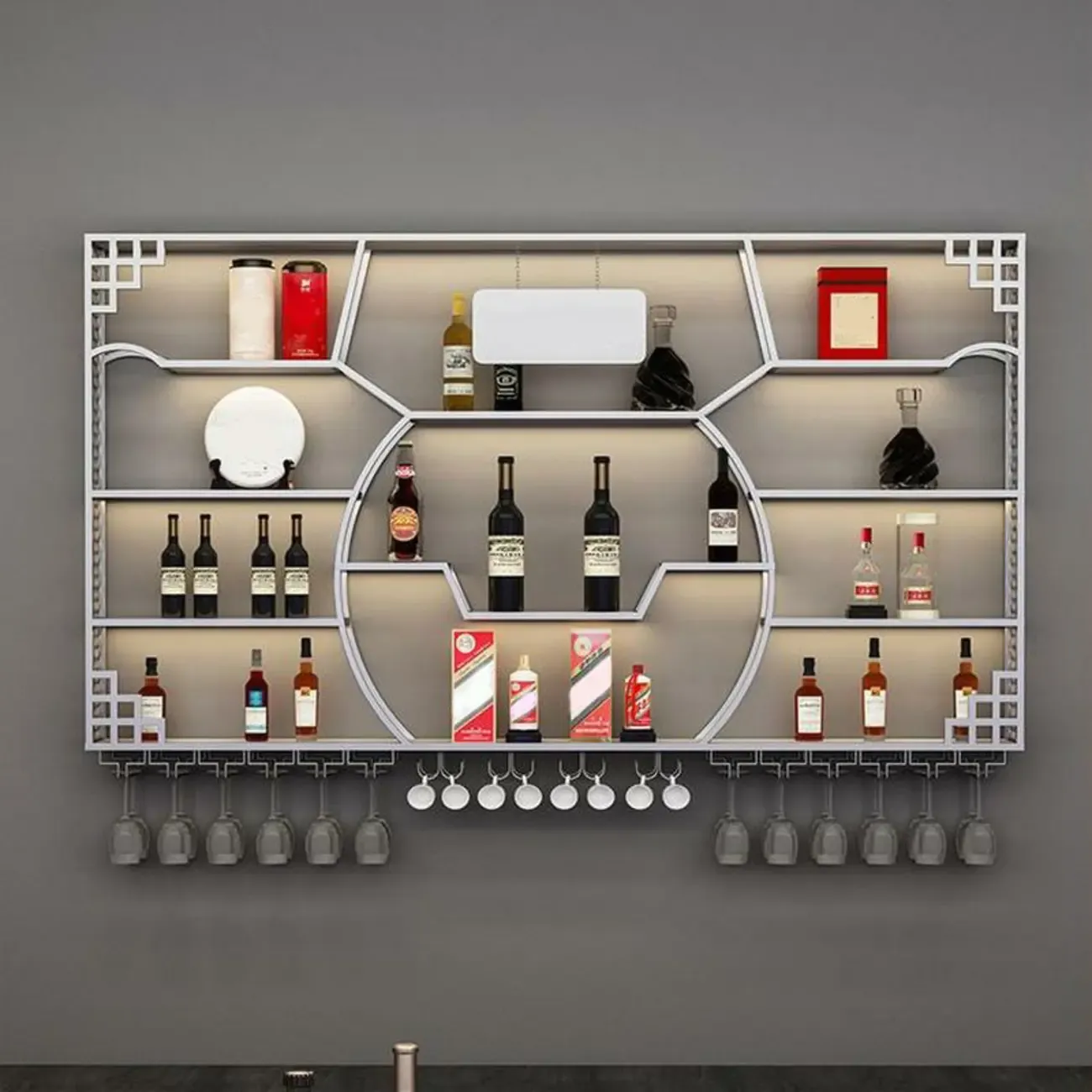 Multi-Shelf Gold Metal Wall-Mounted Wine & Glass Rack Image - 4