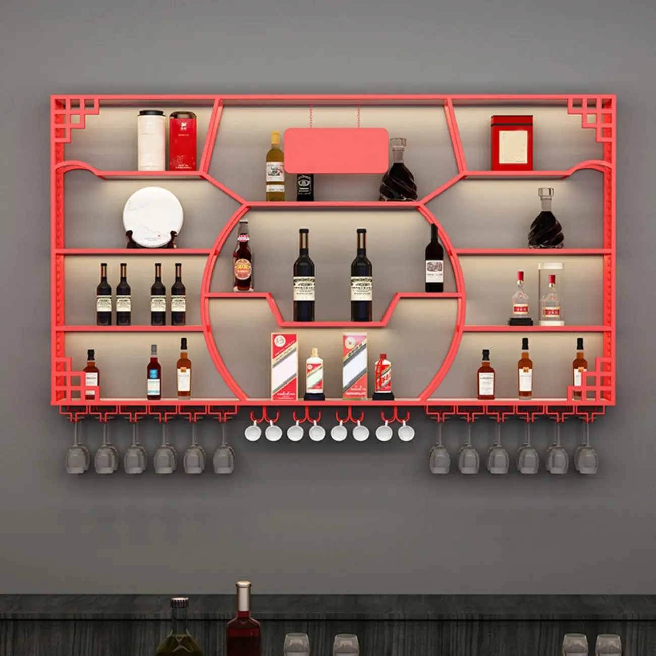 Multi-Shelf Gold Metal Wall-Mounted Wine & Glass Rack Image - 7 | homeyfad