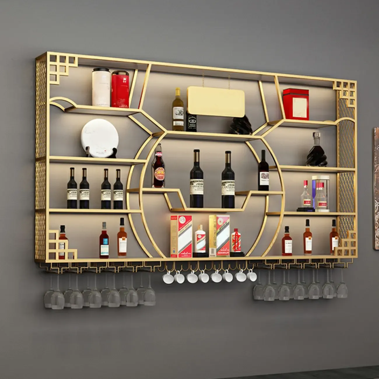 Multi-Shelf Gold Metal Wall-Mounted Wine & Glass Rack Image - 2