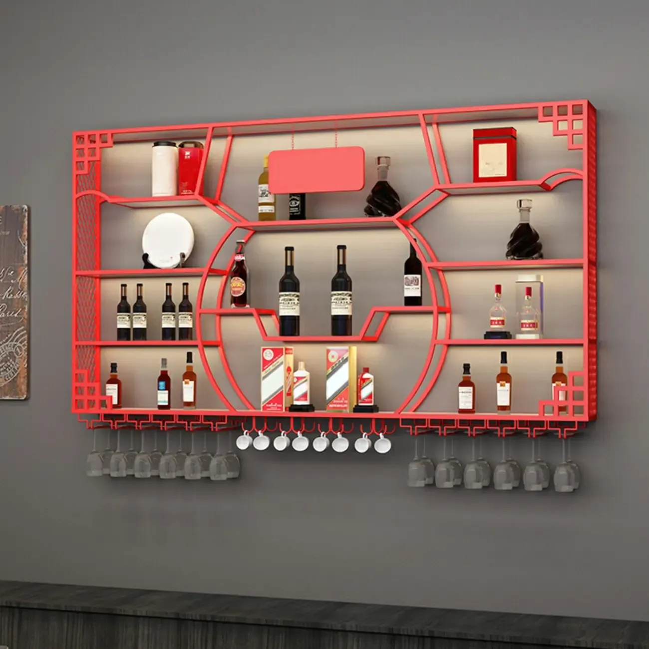 Multi-Shelf Gold Metal Wall-Mounted Wine & Glass Rack Image - 10