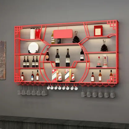 Multi-Shelf Gold Metal Wall-Mounted Wine & Glass Rack Image - 10