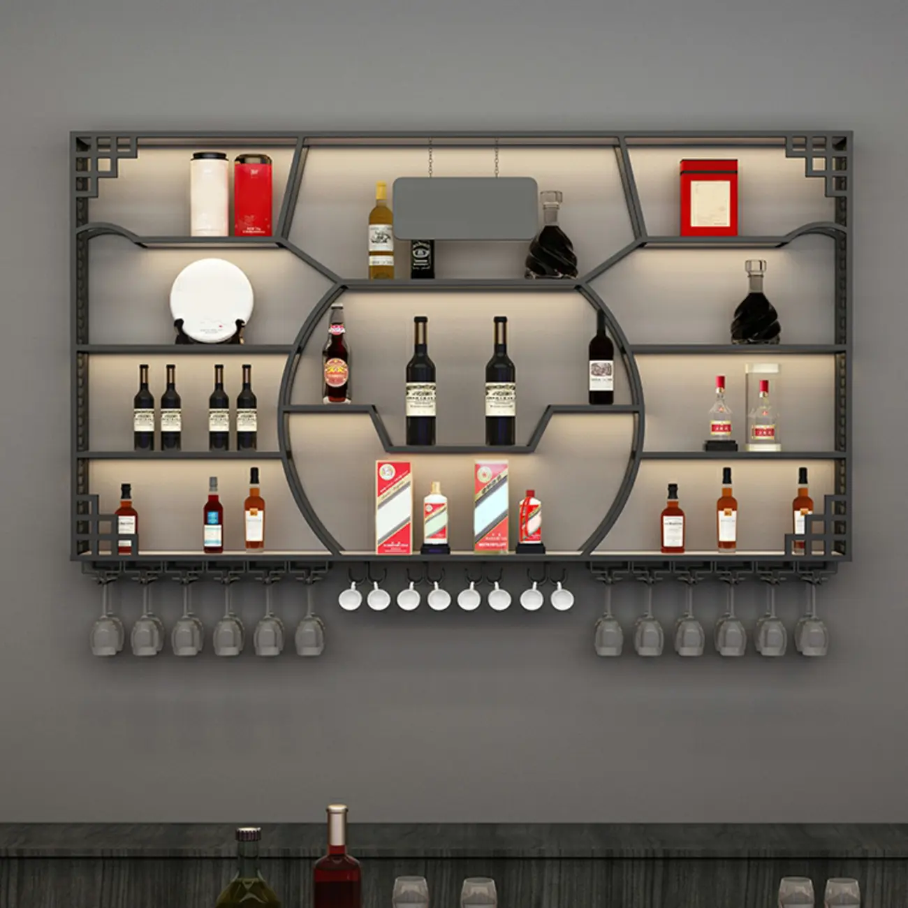 Multi-Shelf Gold Metal Wall-Mounted Wine & Glass Rack Image - 11 | homeyfad