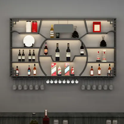 Multi-Shelf Gold Metal Wall-Mounted Wine & Glass Rack Image - 11