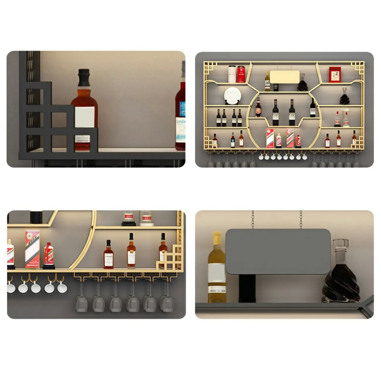 Multi-Shelf Gold Metal Wall-Mounted Wine & Glass Rack Image - 12