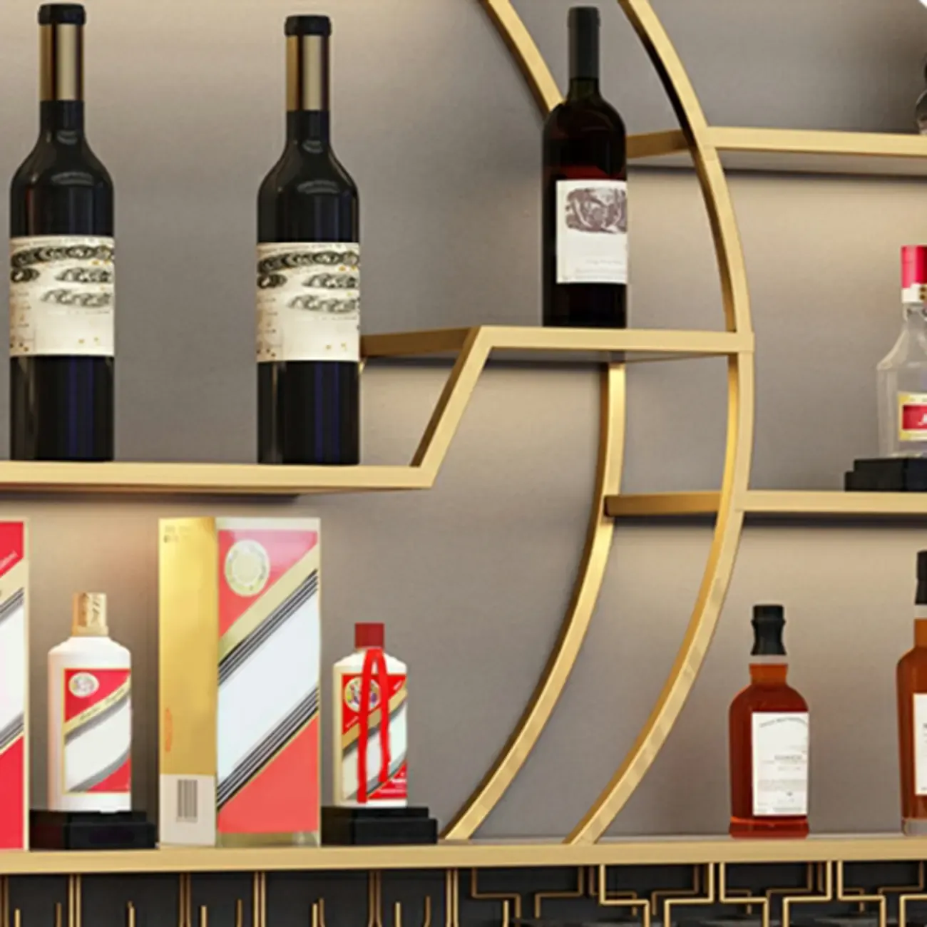 Multi-Shelf Gold Metal Wall-Mounted Wine & Glass Rack Image - 16