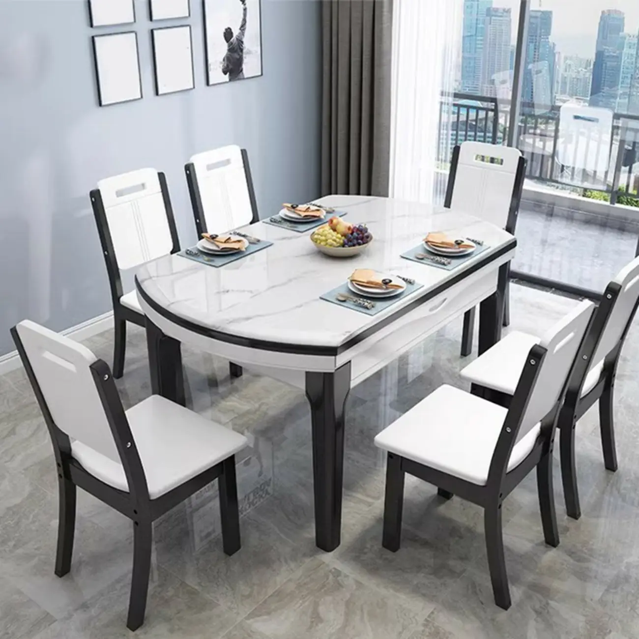 Modern White Marble Wood Extendable Dining Table Image - 1 | homeyfad