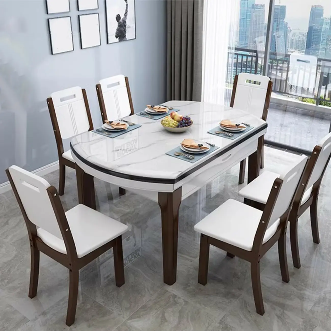 Modern White Marble Wood Extendable Dining Table Image - 2 | homeyfad