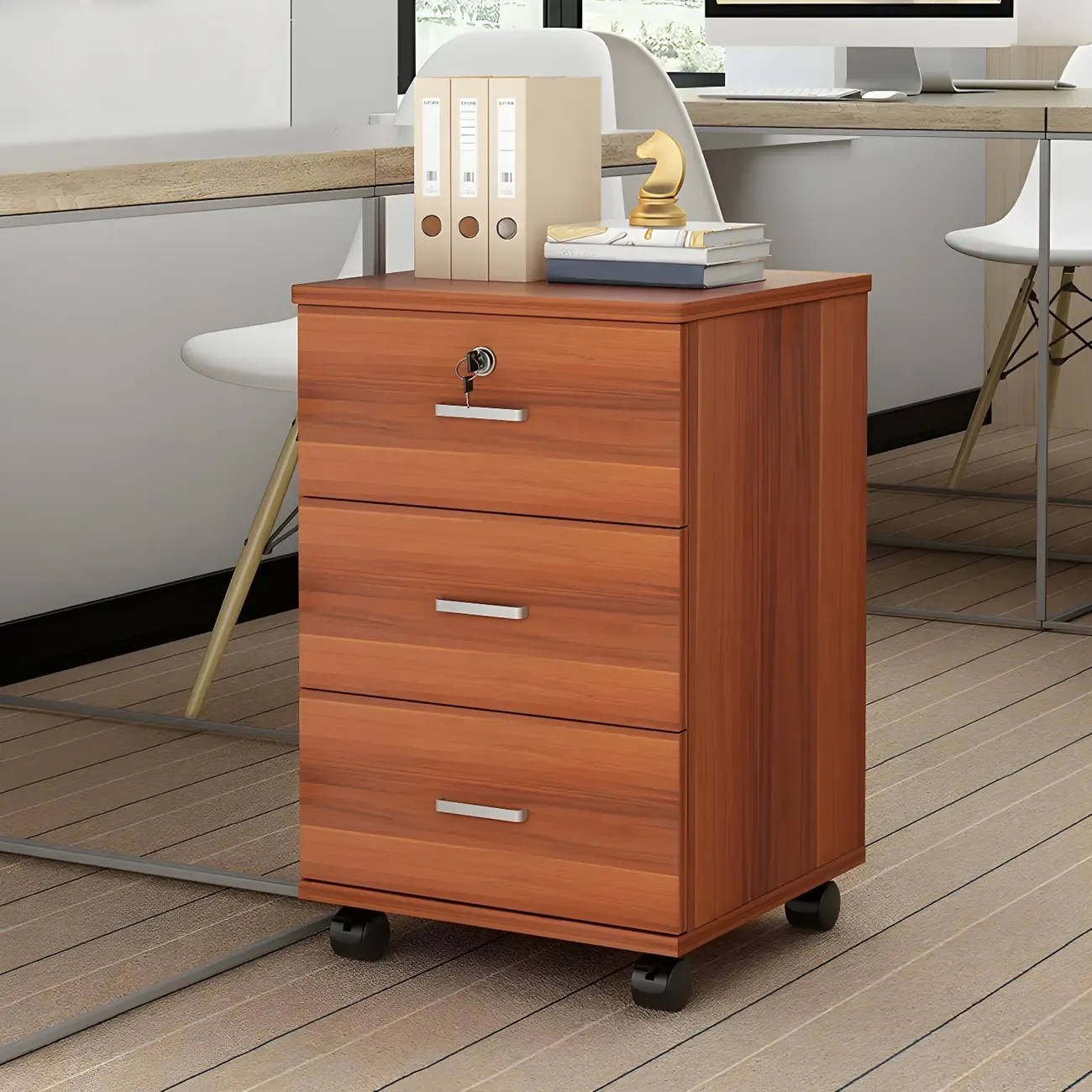Stylish Wooden Mobile Lockable Filing Cabinet with Casters Image - 16