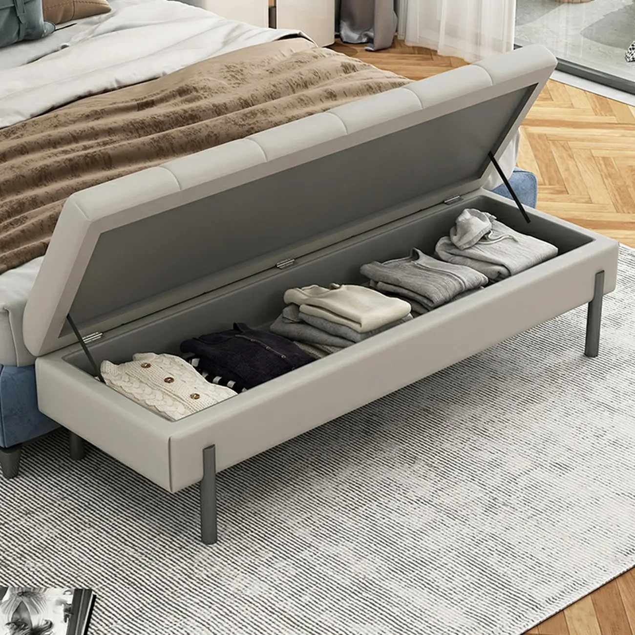 Modern Grey Upholstered Bedroom Bench with Hidden Storage Image - 1 | homeyfad