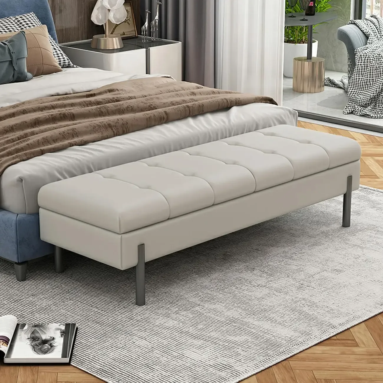 Modern Grey Upholstered Bedroom Bench with Hidden Storage Image - 14