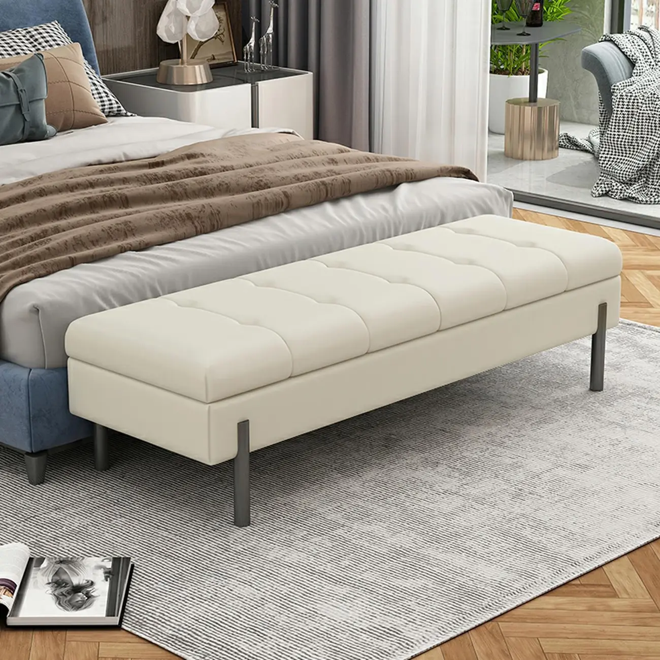 Modern Grey Upholstered Bedroom Bench with Hidden Storage Image - 12 | homeyfad