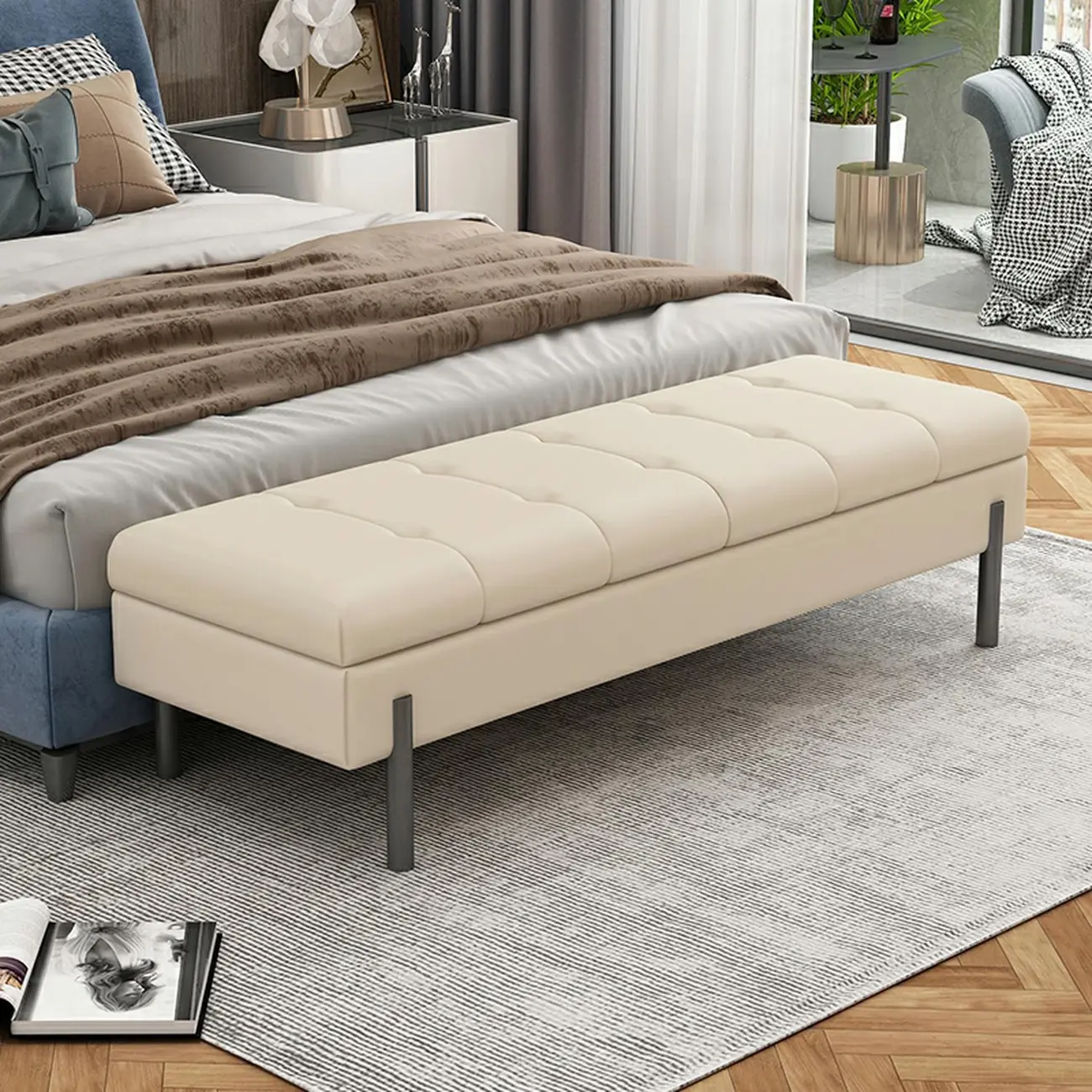 Modern Grey Upholstered Bedroom Bench with Hidden Storage Image - 10 | homeyfad