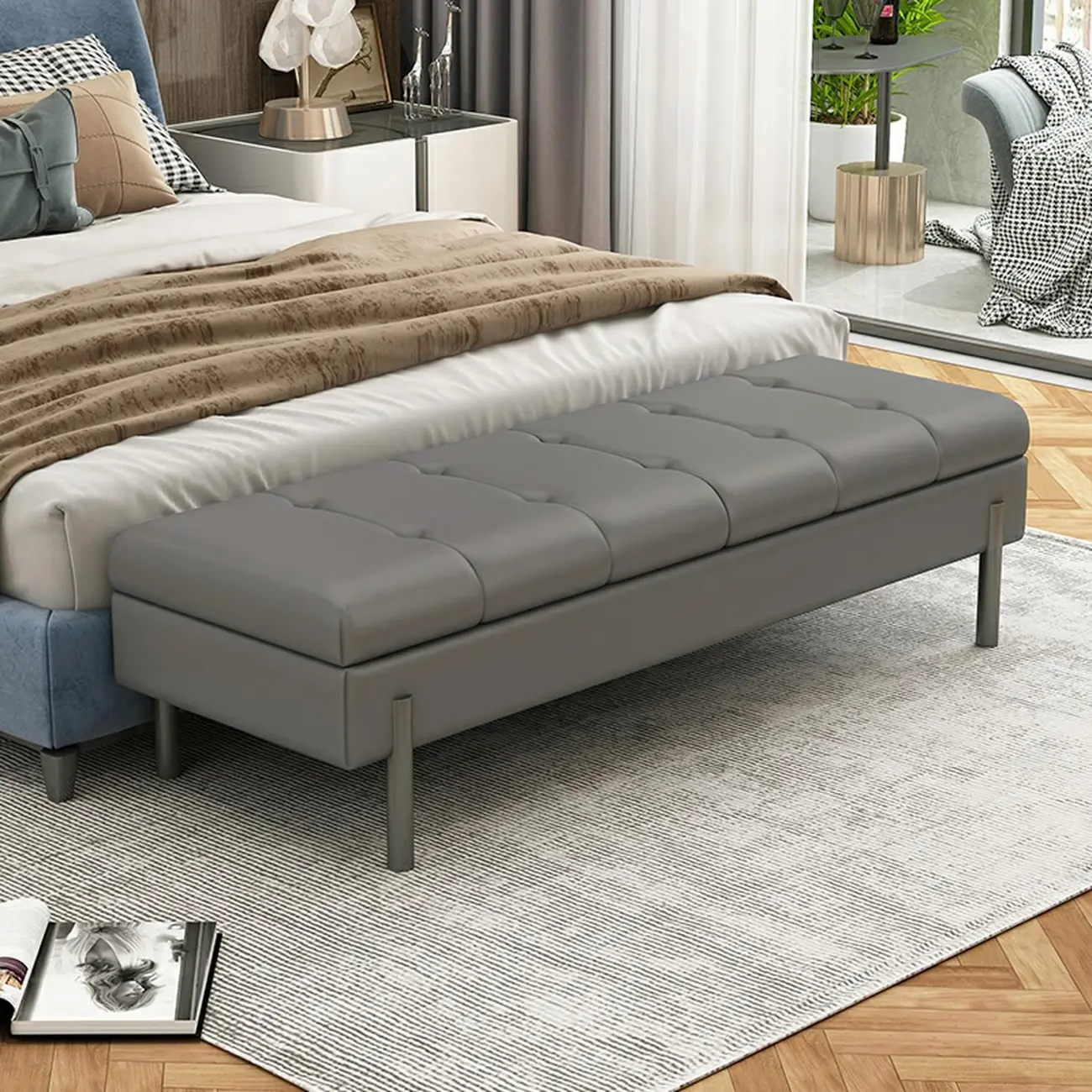 Modern Grey Upholstered Bedroom Bench with Hidden Storage Image - 9 | homeyfad