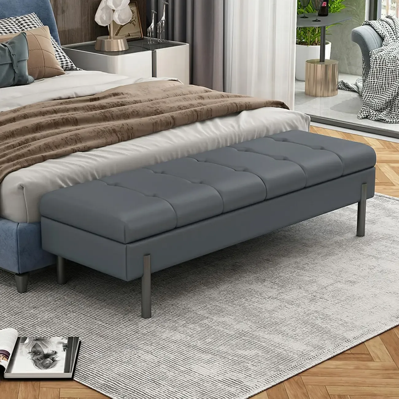 Modern Grey Upholstered Bedroom Bench with Hidden Storage Image - 7