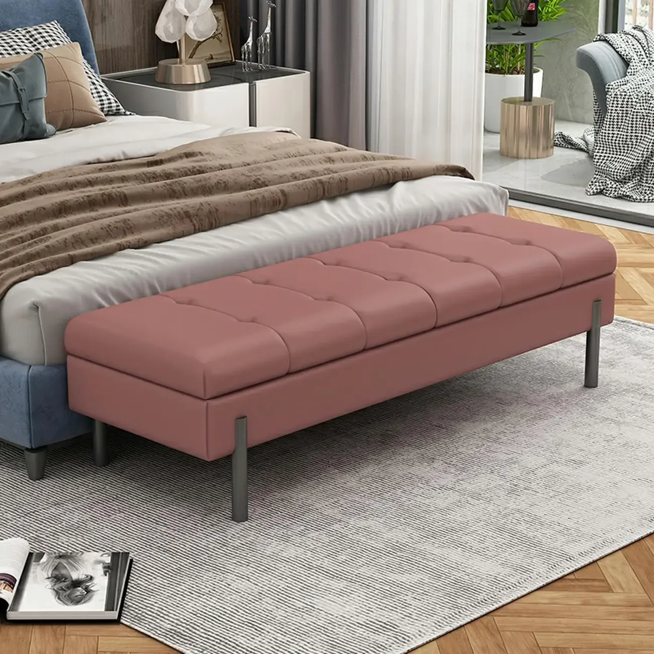 Modern Grey Upholstered Bedroom Bench with Hidden Storage Image - 8