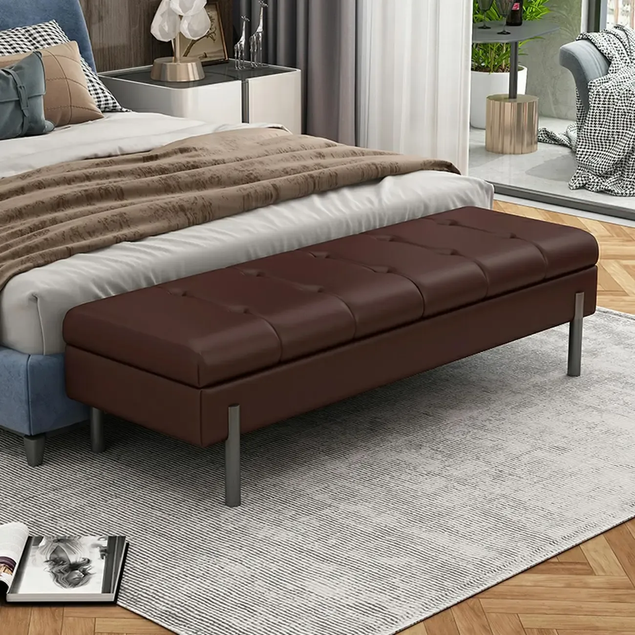 Modern Grey Upholstered Bedroom Bench with Hidden Storage Image - 13