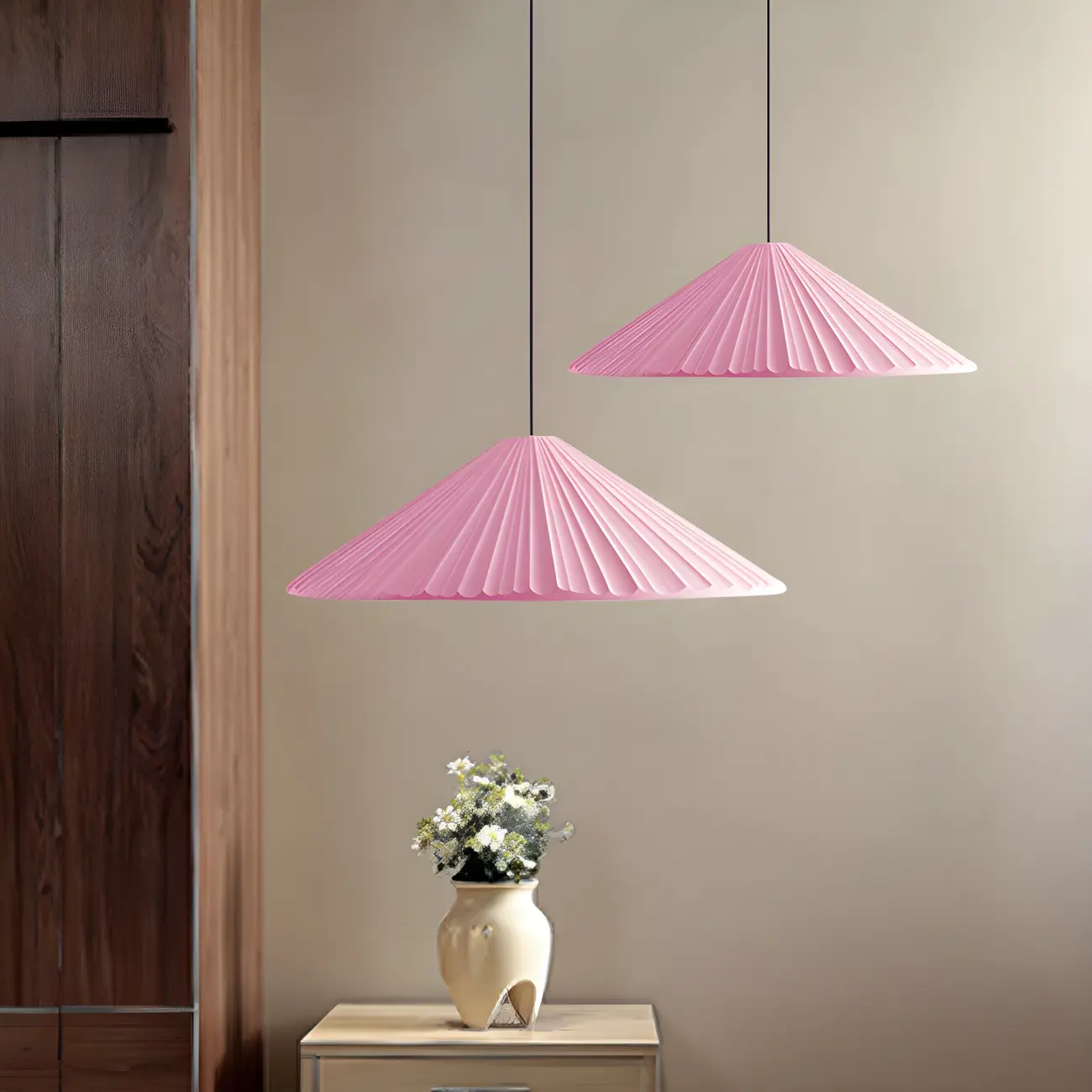 Nordic Pink Ribbed Umbrella Shape Indoor Pendant Light   Image - 3 | homeyfad