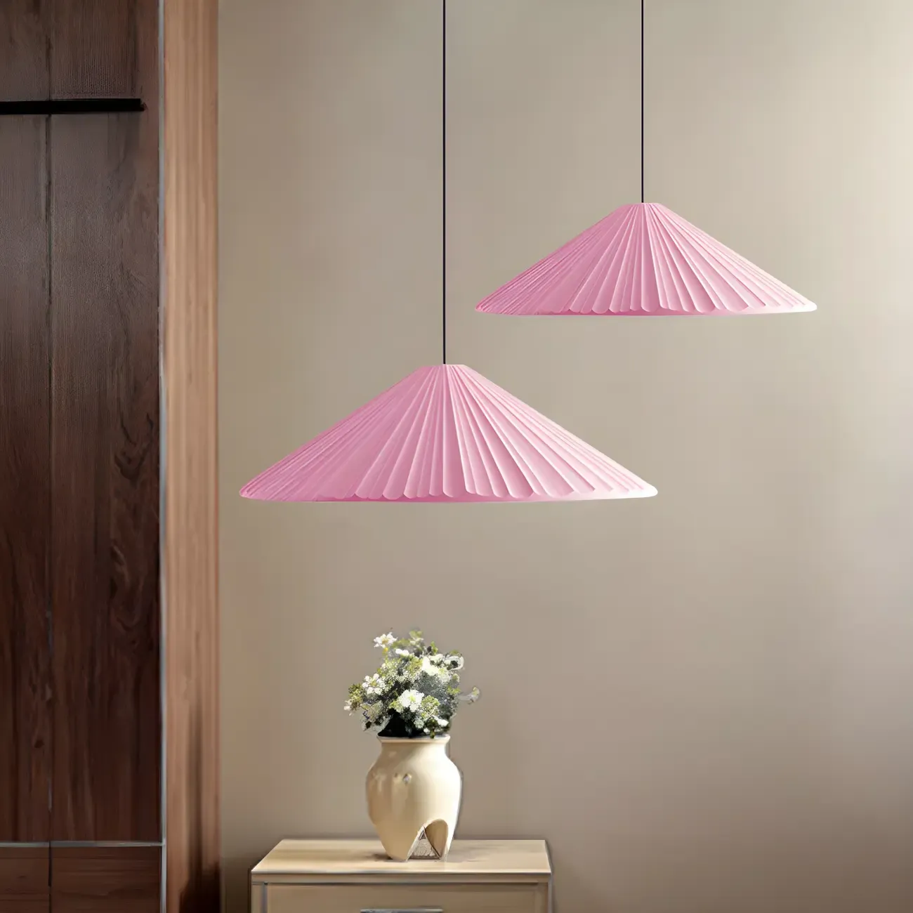 Nordic Pink Ribbed Umbrella Shape Indoor Pendant Light   Image - 3