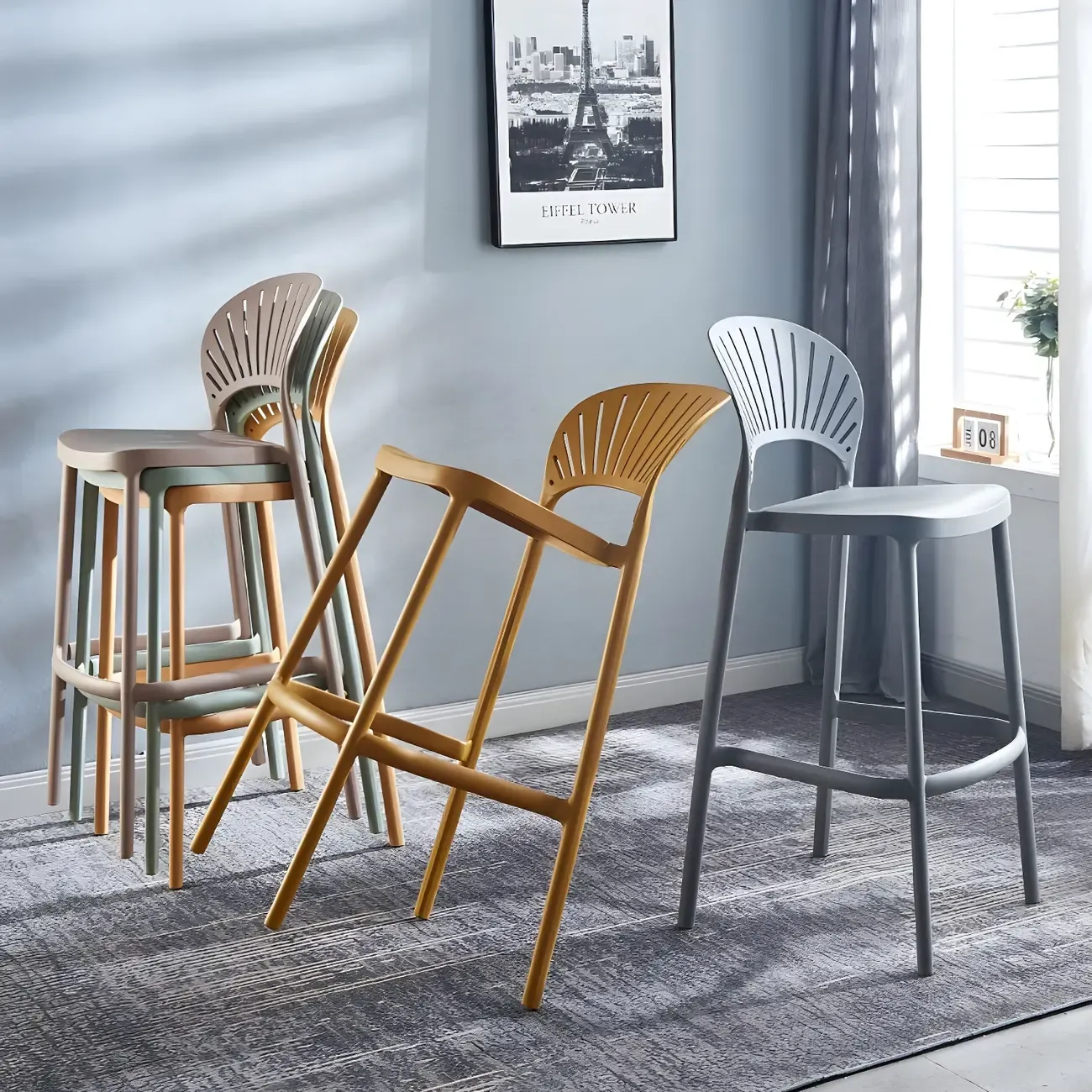 Modern Acrylic Vibrant Curved Backrest Stackable Bar Stool Image - 4