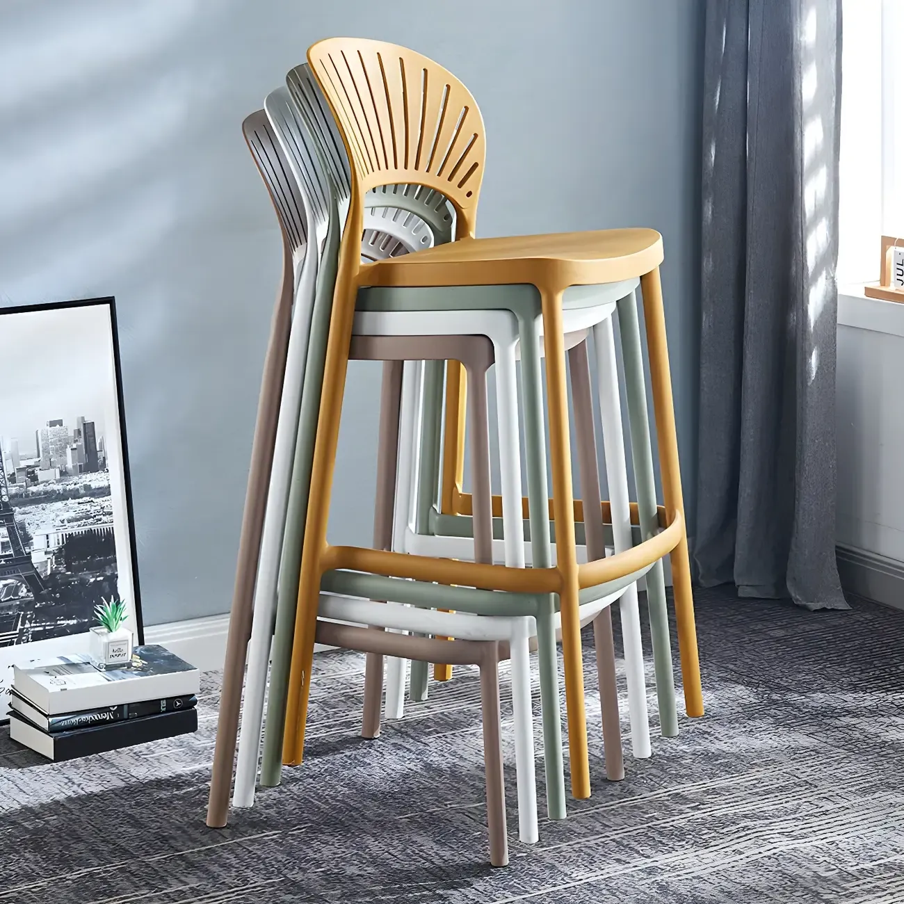 Modern Acrylic Vibrant Curved Backrest Stackable Bar Stool Image - 5