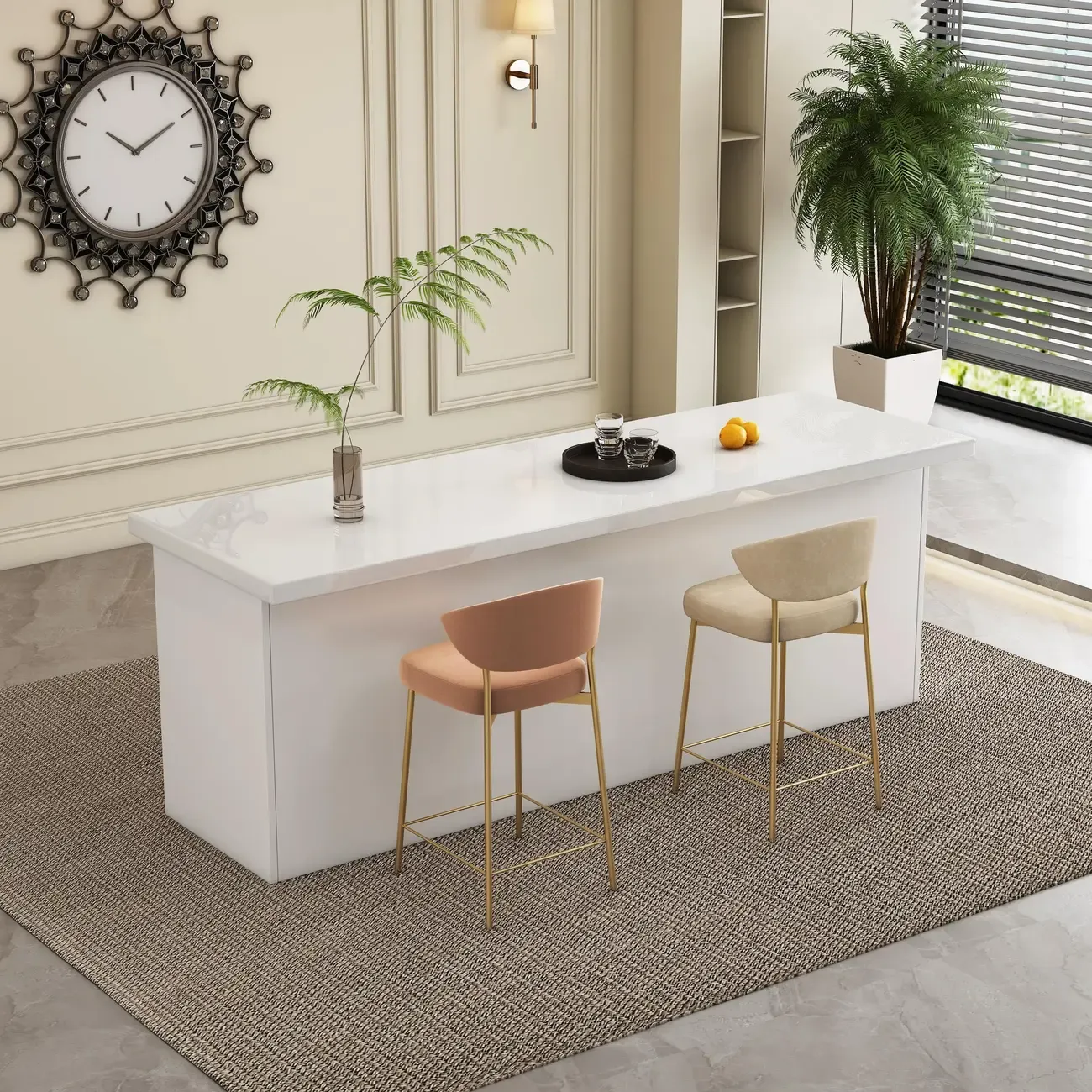 Modern White Faux Marble Wood Storage Bar Tables Image - 3