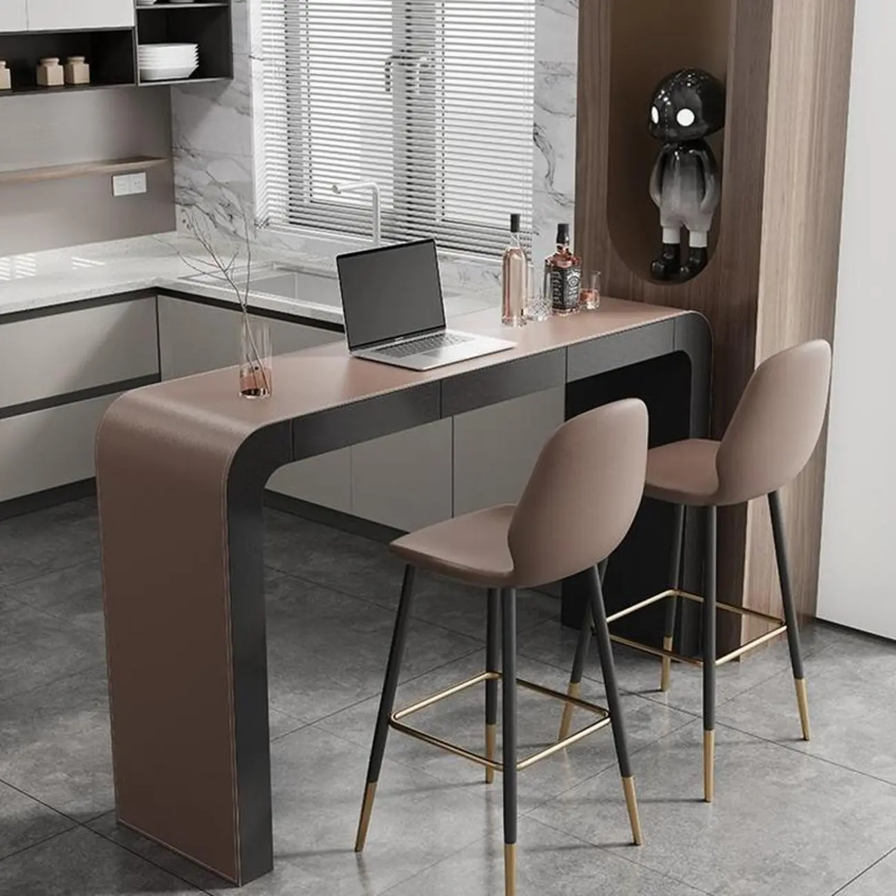 Modern Brown Leather Wooden Curved Bar Tables with 3 Drawers Image - 1 | homeyfad