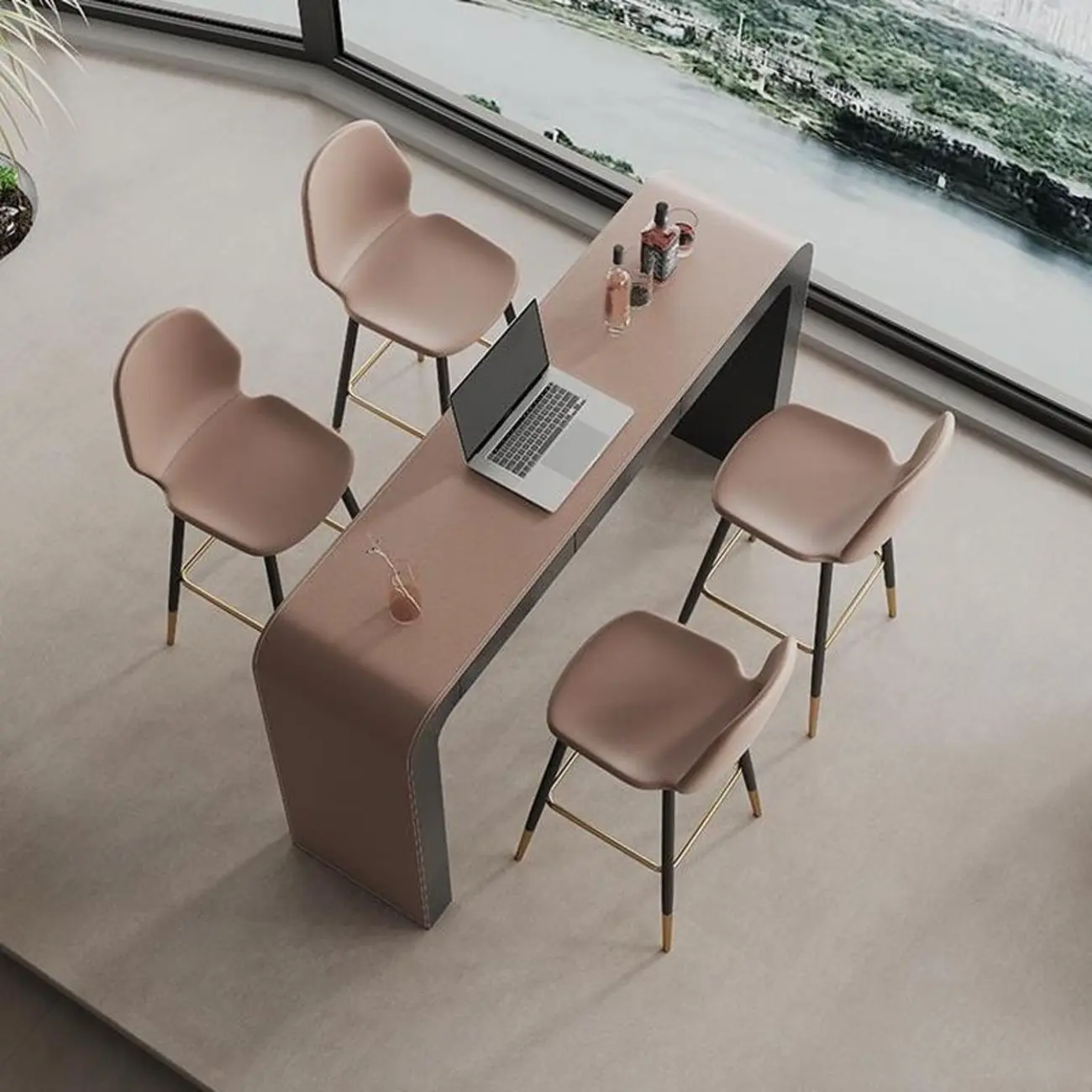 Modern Brown Leather Wooden Curved Bar Tables with 3 Drawers Image - 3 | homeyfad