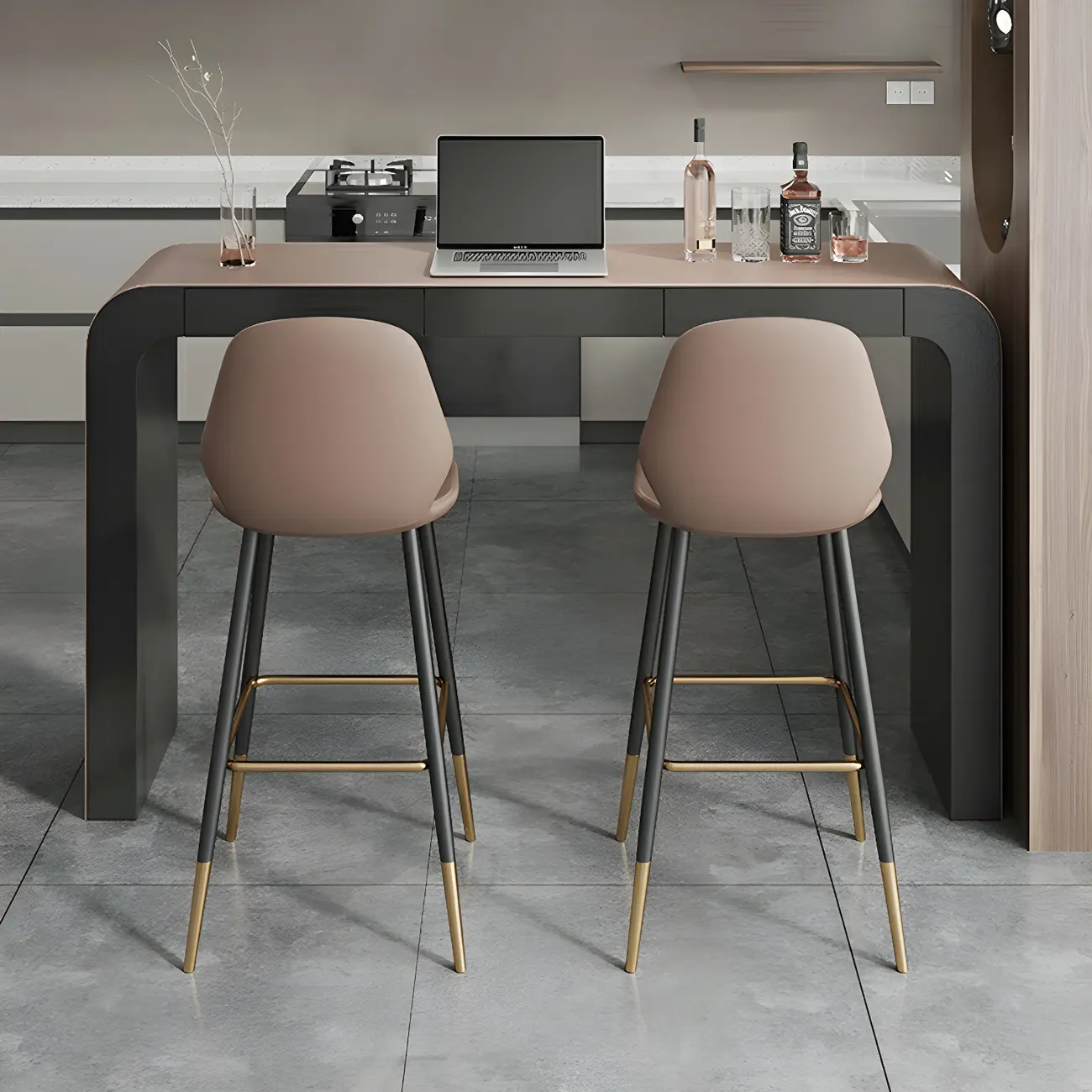 Modern Brown Leather Wooden Curved Bar Tables with 3 Drawers Image - 5 | homeyfad