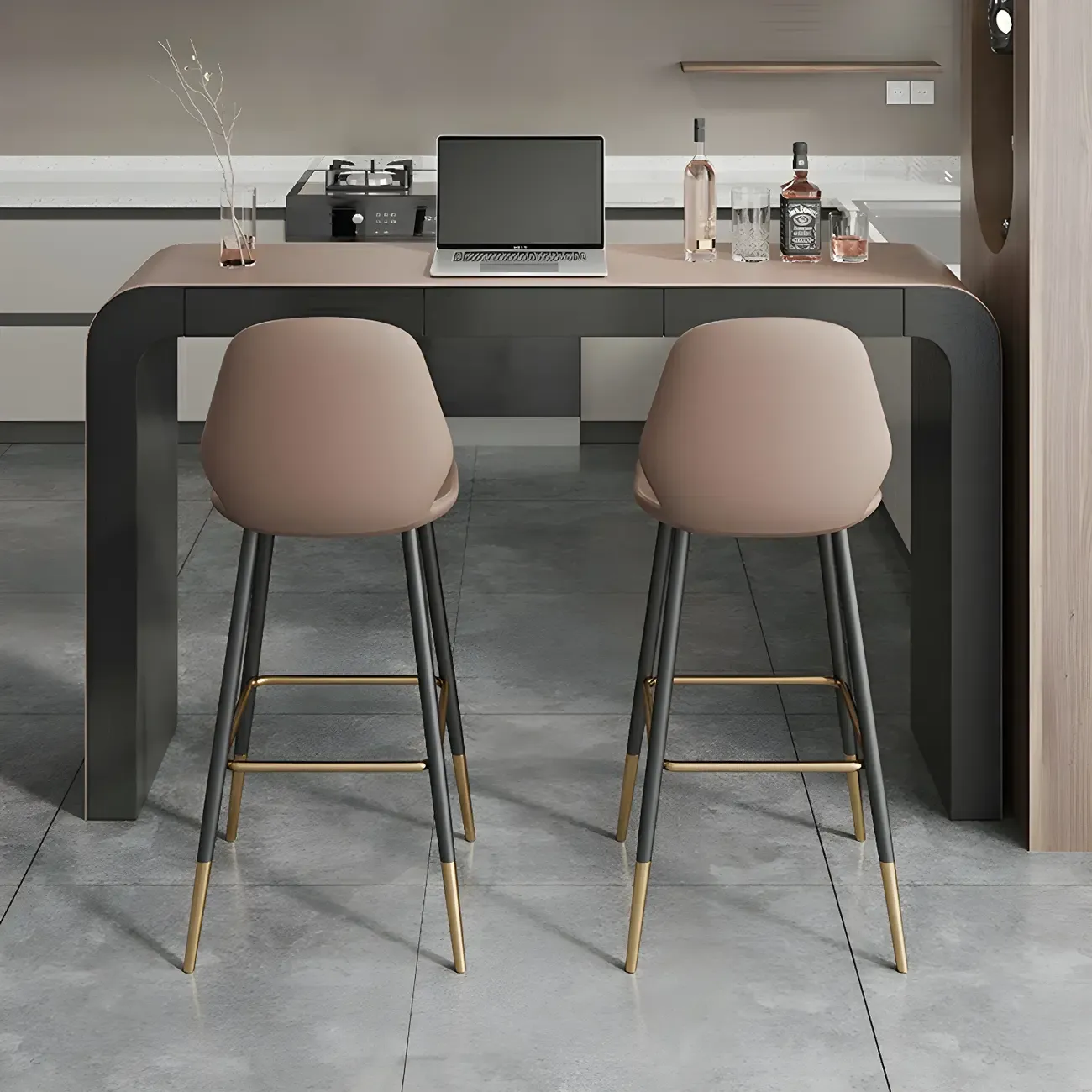 Modern Brown Leather Wooden Curved Bar Tables with 3 Drawers Image - 5