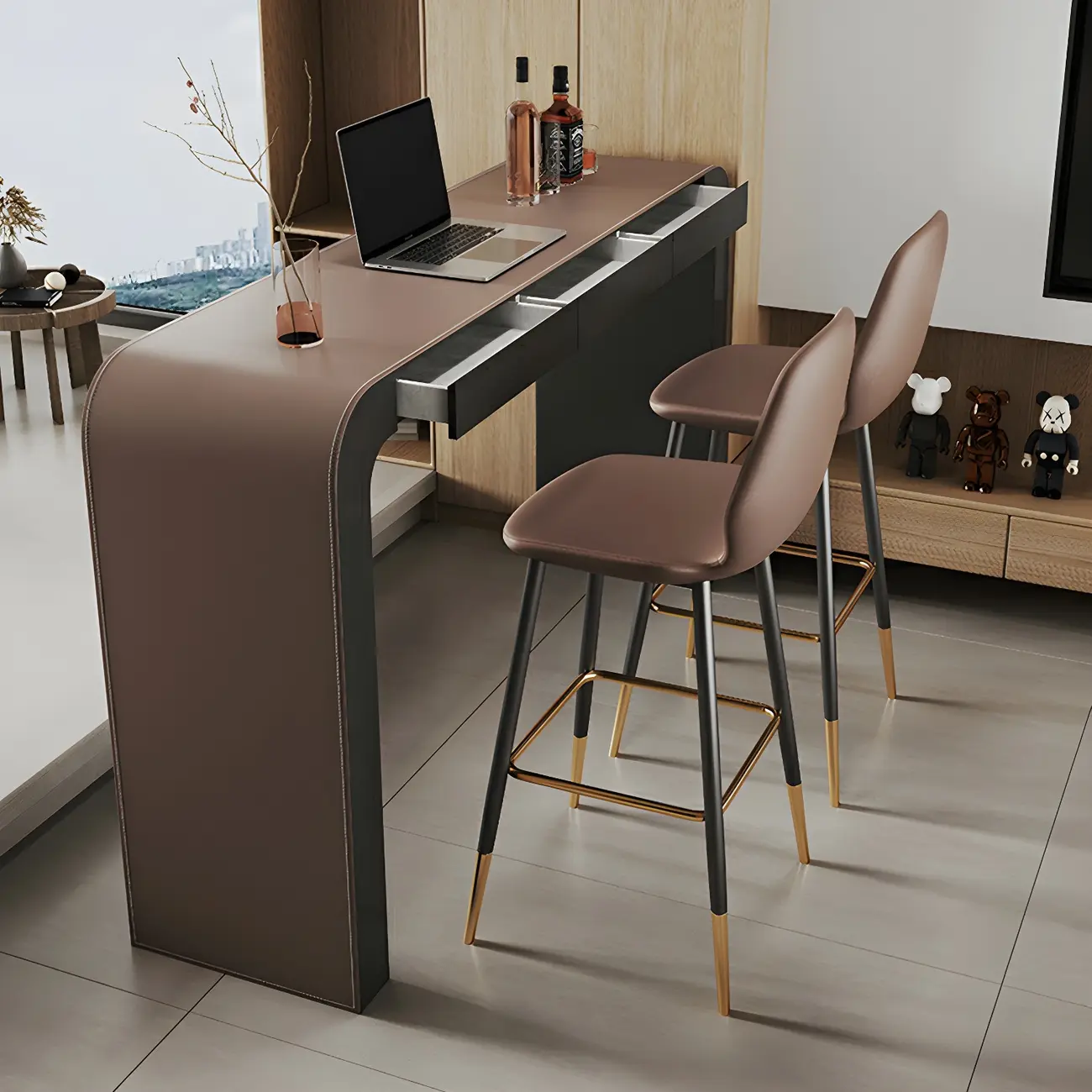 Modern Brown Leather Wooden Curved Bar Tables with 3 Drawers Image - 6 | homeyfad